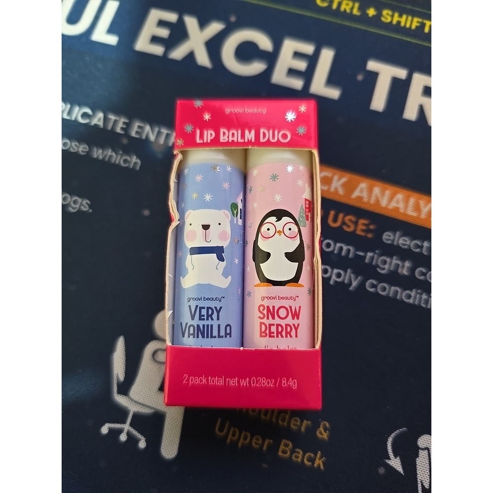 GROOVI Beauty Lip Balm Duo Very Vanilla Snow Berry NIPS 2 Peice Pack 0.28 Oz